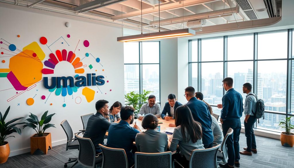 A dynamic and vibrant office space, filled with the spirit of innovation and creativity. The Umalis Group logo stands prominently, a symbol of the company's commitment to fostering an environment that encourages ideation and entrepreneurial thinking. Colorful abstract shapes and patterns dance across the walls, mirroring the agile and adaptive nature of the business. Employees huddle around a large meeting table, engaged in lively discussions, their faces alight with the thrill of problem-solving. Overhead, a sleek, modern lighting system casts a warm, focused glow, illuminating the collaborative atmosphere. Through the large windows, the cityscape beyond serves as a constant reminder of the dynamic and ever-evolving business landscape. This is a space where creativity thrives, and innovation takes root, transforming the Umalis Group into a beacon of success.