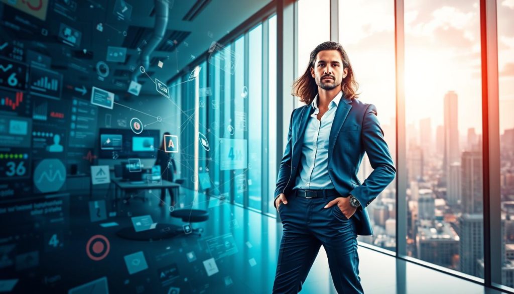 A dynamic and vibrant scene depicting the concept of "liberté missions marketing digital" for the UMALIS GROUP brand. In the foreground, a confident and focused digital marketing consultant stands amidst a swirl of digital elements - data streams, icons, and screens. The middle ground showcases a sleek, modern office space with floor-to-ceiling windows, allowing natural light to flood the scene. In the background, a cityscape with towering skyscrapers and a vibrant, bustling atmosphere conveys a sense of freedom, autonomy, and the boundless possibilities of the digital marketing landscape. The overall mood is one of empowerment, innovation, and the exhilaration of thriving in a dynamic, technology-driven industry.