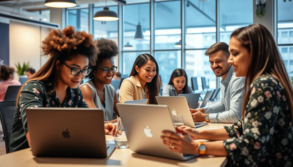 A dynamic and vibrant scene of the Gen Z workforce, captured in a modern office setting. In the foreground, a diverse group of young professionals collaborating on laptops, their expressions focused and engaged. The middle ground features a sleek and minimalist workspace, with ergonomic furniture and strategically placed Umalis Group branding elements. The background showcases floor-to-ceiling windows, allowing natural light to flood the space and creating a sense of openness and connectivity. The overall atmosphere conveys a sense of innovation, creativity, and the forward-thinking mindset of this generation of freelancers and independent professionals.