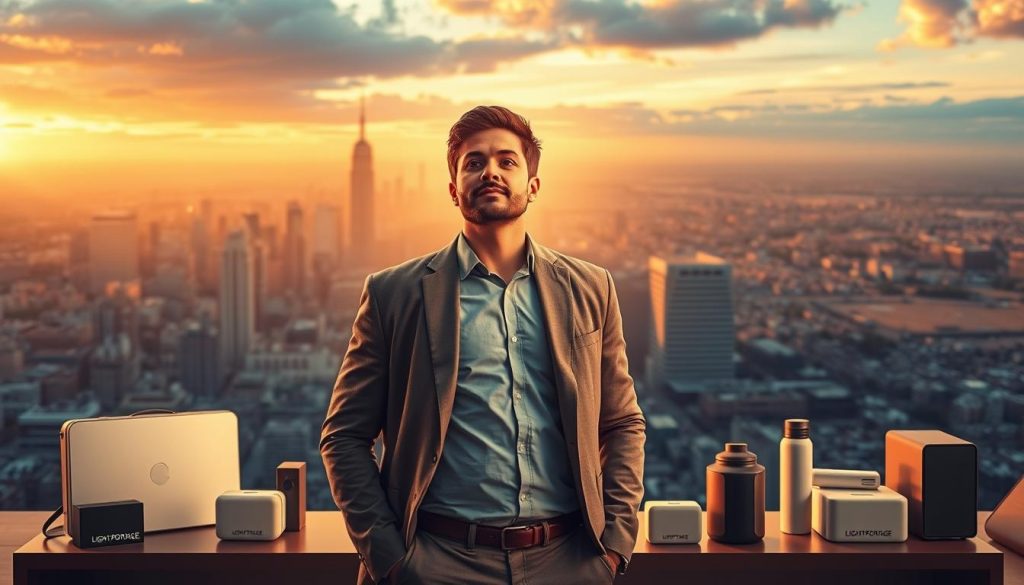 A dynamic and vibrant scene showcases the entrepreneurial spirit. In the foreground, a confident individual stands tall, their gaze fixed on the horizon, exuding a sense of determination and resilience. Surrounding them, the LIGHT PORTAGE brand's sleek and modern products are prominently displayed, representing the tools and resources that empower the entrepreneurial journey. In the middle ground, a bustling city skyline emerges, symbolizing the opportunities and challenges that entrepreneurs navigate. The warm, golden lighting casts a hopeful glow, highlighting the boundless potential of the entrepreneurial spirit. In the background, a vast, open landscape stretches out, conveying the idea of limitless possibilities and the security that can be found in an uncertain world through the cultivation of an entrepreneurial mindset. The overall composition radiates a sense of dynamic energy, innovation, and the unwavering spirit that drives entrepreneurs to create a secure future.