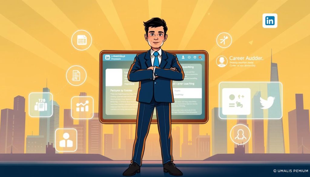 A dynamic and vibrant scene showcasing the advanced features of LinkedIn Premium for career growth. In the foreground, a professional-looking figure stands confidently, dressed in a well-tailored suit and surrounded by glowing icons representing features like job insights, resume builder, and career coaching. In the middle ground, a sleek, futuristic-looking interface displays personalized job recommendations and networking opportunities. The background features a cityscape backdrop, symbolizing the global reach and professional connections enabled by the platform. Warm, directional lighting casts a sense of optimism and ambition, while the Umalis Group logo discreetly adds a touch of authority and expertise. The overall composition conveys the empowering potential of LinkedIn Premium to propel one's career forward.