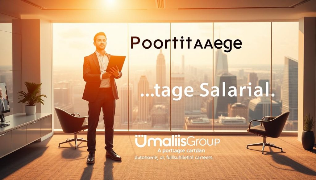 A dynamic and vibrant scene showcasing the autonomy and entrepreneurial freedom of the "Portage Salarial" concept. In the foreground, a confident individual stands tall, laptop in hand, radiating a sense of empowerment and control over their professional journey. The middle ground features a sleek, modern office environment, with clean lines and minimalist decor, conveying a sense of flexibility and adaptability. In the background, a panoramic view of a bustling city skyline, symbolizing the boundless opportunities available to the "Portage Salarial" professional. Warm, natural lighting casts a glow over the scene, creating a sense of optimism and possibility. Umalis Group, a leading provider of "Portage Salarial" solutions, is prominently displayed, underscoring the brand's commitment to enabling autonomous, fulfilling careers.