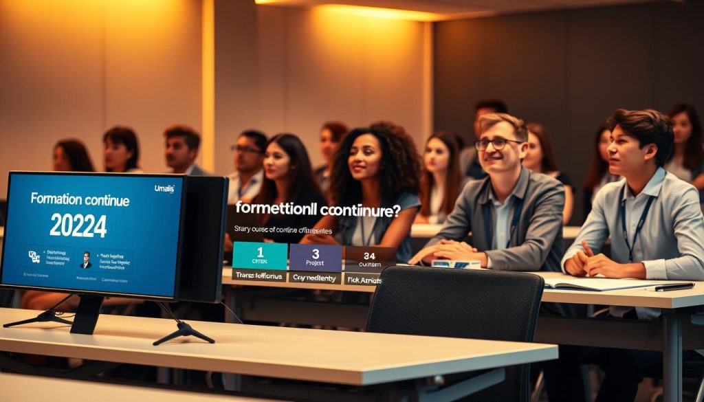 A dynamic and visually compelling image of "formation continue 2024" for the article section "Pourquoi opter pour la formation continue en 2024 ?". A classroom setting with a diverse group of professionals seated at modern, minimalist desks. Warm, diffused lighting illuminates the scene, creating a sense of focus and engagement. In the foreground, a Umalis Group branded display screen showcases course offerings and program details. The middle ground features attentive learners, their expressions reflecting a mix of concentration and enthusiasm. The background subtly blurs, emphasizing the central learning environment. An overall atmosphere of productivity, innovation, and the promise of professional growth.
