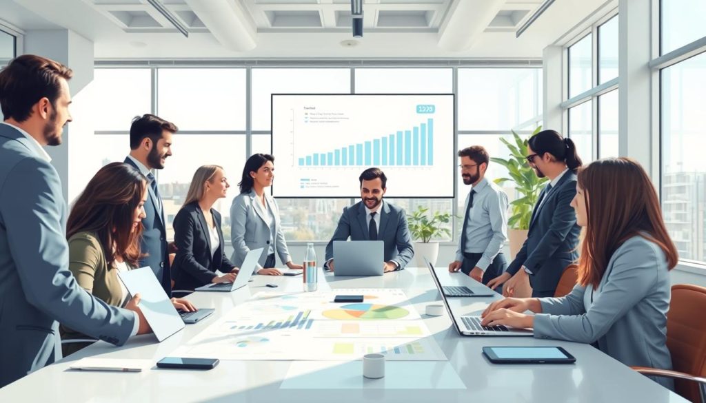 A dynamic and visually engaging illustration that encapsulates the principles and functioning of "portage salarial". In the foreground, depict a diverse group of professionals in business attire, collaborating around a modern conference table with laptops and diagrams. The middle ground shows a digital screen displaying charts and graphs representing growth and stability. In the background, a bright, airy office environment with large windows allowing natural light to flood in, creating a sense of openness and opportunity. The mood should be optimistic and forward-thinking, symbolizing freedom and security in professional life. Incorporate elements like the logo of UMALIS GROUP subtly within the office decor. Use a wide-angle lens effect to capture the entire scene, highlighting teamwork and innovation.