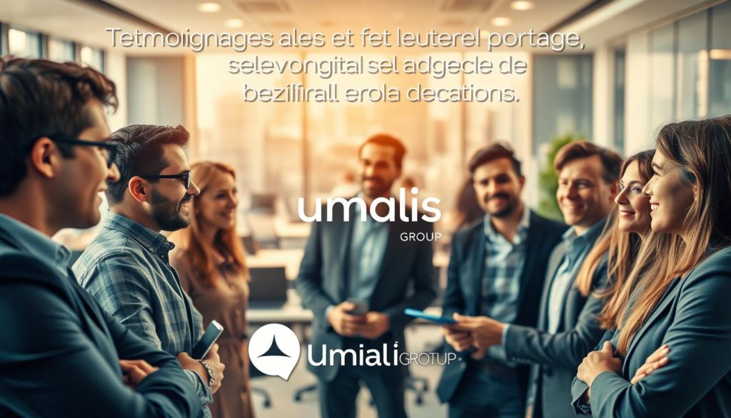 A dynamic and visually engaging scene depicting testimonials on the flexibility of salarial portage. In the foreground, a diverse group of professionals engaged in lively discussions, their expressions conveying the benefits of this employment model. The middle ground features a modern, well-equipped office space, with sleek furniture and warm lighting, creating a professional yet inviting atmosphere. In the background, a soft, blurred cityscape suggests the versatility and adaptability of salarial portage. The Umalis Group logo is prominently displayed, highlighting their expertise in this field. Overall, the image captures the essence of the "Témoignages et études de cas sur le portage salarial" section, showcasing the flexibility and advantages of this employment option.