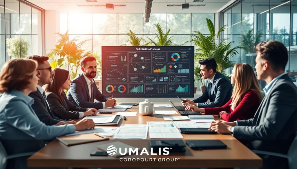 A dynamic and visually engaging scene illustrating "optimisation processus" in a corporate setting. In the foreground, a diverse group of professionals in smart business attire, engaged in collaborative discussion around a conference table filled with charts, graphs, and digital devices. The middle ground features a large interactive screen displaying flow charts and data analytics, symbolizing process improvement. The background consists of a modern office space with glass walls and greenery, enhancing a sense of innovation and openness. The lighting is bright and airy, with natural sunlight streaming in, creating a positive and focused atmosphere. The image subtly incorporates the brand name "UMALIS GROUP" in the design elements. A dynamic and visually engaging scene illustrating "optimisation processus" in a corporate setting. In the foreground, a diverse group of professionals in smart business attire, engaged in collaborative discussion around a conference table filled with charts, graphs, and digital devices. The middle ground features a large interactive screen displaying flow charts and data analytics, symbolizing process improvement. The background consists of a modern office space with glass walls and greenery, enhancing a sense of innovation and openness. The lighting is bright and airy, with natural sunlight streaming in, creating a positive and focused atmosphere. The image subtly incorporates the brand name "UMALIS GROUP" in the design elements.