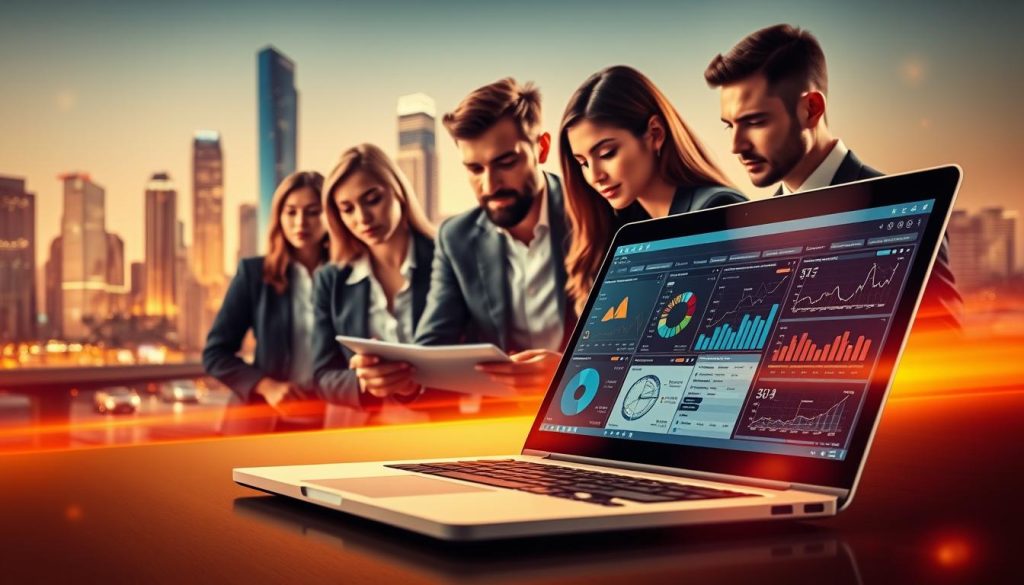 A dynamic and visually striking digital strategy for the Umalis Group's portage salarial services. In the foreground, a sleek, modern laptop displays intricate analytics and data visualizations, representing the comprehensive insights and tools offered. The middle ground features a diverse team of professionals collaborating, their expressions focused and determined. In the background, a vibrant cityscape with towering skyscrapers symbolizes the growth and success enabled by the Umalis Group's innovative digital solutions. Warm, directional lighting illuminates the scene, creating a sense of purpose and momentum. The overall composition conveys the Umalis Group's commitment to empowering its clients' professional visibility and digital transformation through strategic, data-driven portage salarial services.