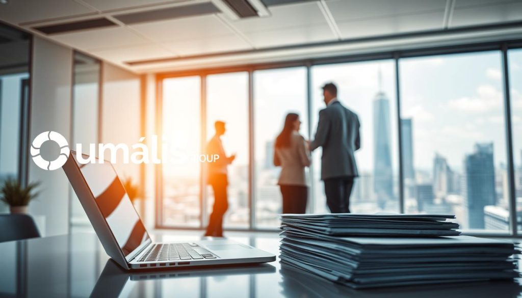 A dynamic and visually striking image of "plateformes freelances portage salarial" showcasing the synergy between digital and traditional methods to boost professional visibility. Set in a modern, well-lit office environment, the scene features a prominent Umalis Group brand logo, conveying a sense of authority and expertise. In the foreground, a laptop and a stack of documents represent the digital and paper-based elements of the freelance platform. The middle ground highlights a group of professionals collaborating, emphasizing the community aspect of the service. In the background, a large window overlooks a bustling cityscape, symbolizing the expansive reach and global connectivity of the Umalis Group's freelance platform. The overall atmosphere is one of efficiency, professionalism, and a forward-thinking approach to career development.