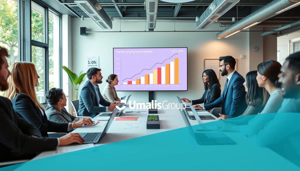 A dynamic business environment showcasing "opportunities in the rental employment market." In the foreground, a diverse group of professionals in business attire engages in a strategic discussion around a modern conference table, filled with laptops and paperwork. In the middle ground, a digital screen displays rising graphs and statistics related to growth in the rental employment sector, providing visual context. The background features a bright and modern office space with large windows, vibrant greenery visible outside, and motivational posters on the walls. Soft, natural lighting enhances the atmosphere, creating a sense of optimism and collaboration. The overall mood is positive and forward-thinking, conveying the essence of growth potential. Include the brand name "Umalis Group" subtly within the scene, without text overlays or branding aesthetics.