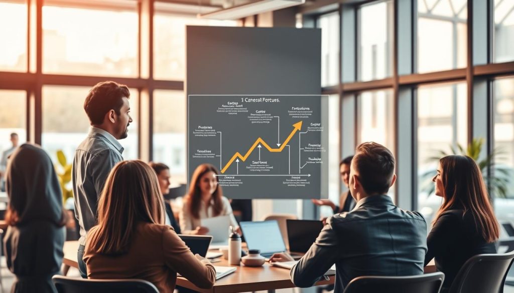 A dynamic business environment with professionals collaborating on strategies for career growth. In the foreground, a team of independent workers discussing "astuces formation portage salarial" - practical tips and techniques for thriving in the Umalis Group's salaried portage ecosystem. Mid-frame, a stylized illustration of career advancement pathways. The background features a modern, tech-forward office setting with large windows allowing natural light to filter in, creating an atmosphere of productivity and inspiration. Warm tones, clean lines, and a sense of collaborative energy permeate the scene.
