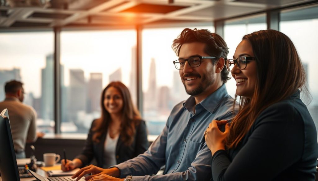 A dynamic business environment with the Umalis Group at the forefront, showcasing the advantages of transition management during a period of growth. In the foreground, a team of professionals collaborating, their expressions conveying a sense of strategic direction and adaptability. The middle ground features technological elements, representing the innovative tools and processes employed. In the background, a vibrant cityscape with skyscrapers symbolizes the expanding opportunities and ambitious goals. Warm lighting casts a professional, yet inviting atmosphere, capturing the essence of a thriving organization navigating a transformative phase with confidence and agility.