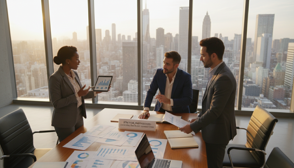A dynamic business meeting scene set in a modern office environment. In the foreground, a diverse group of three professionals—two men and one woman—all dressed in stylish business attire, are engaged in a thoughtful discussion. Their expressions convey confidence and collaboration, as they analyze documents and digital tablets. In the middle ground, a large conference table is strewn with charts, graphs, and laptops, emphasizing an atmosphere of strategy and decision-making. In the background, large windows reveal a city skyline, bathed in warm, natural light, creating a professional yet inviting atmosphere. The mood is one of focused ambition, with a hint of anticipation for success. The composition is balanced, utilizing a slightly elevated angle to capture the interaction and the overall setting, highlighting the importance of choosing the right service firm.