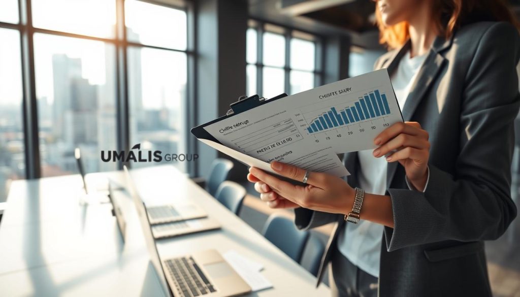 A dynamic business scene focusing on the concept of "chiffre affaires." In the foreground, a well-dressed businessperson in professional attire, perhaps a woman in a blazer, holds a clipboard with financial graphs showcasing revenue growth. In the middle ground, a modern office environment with sleek desks, laptops displaying charts, and a whiteboard filled with strategic notes. The background features large windows with cityscape views, illuminated by natural sunlight streaming in, casting soft shadows. The atmosphere is filled with determination and focus, capturing the essence of financial calculations leading to net taxable salary. The logo "UMALIS GROUP" is subtly integrated into the design of a presentation slide visible on one of the screens. The image should evoke a sense of professionalism and clarity in financial management.