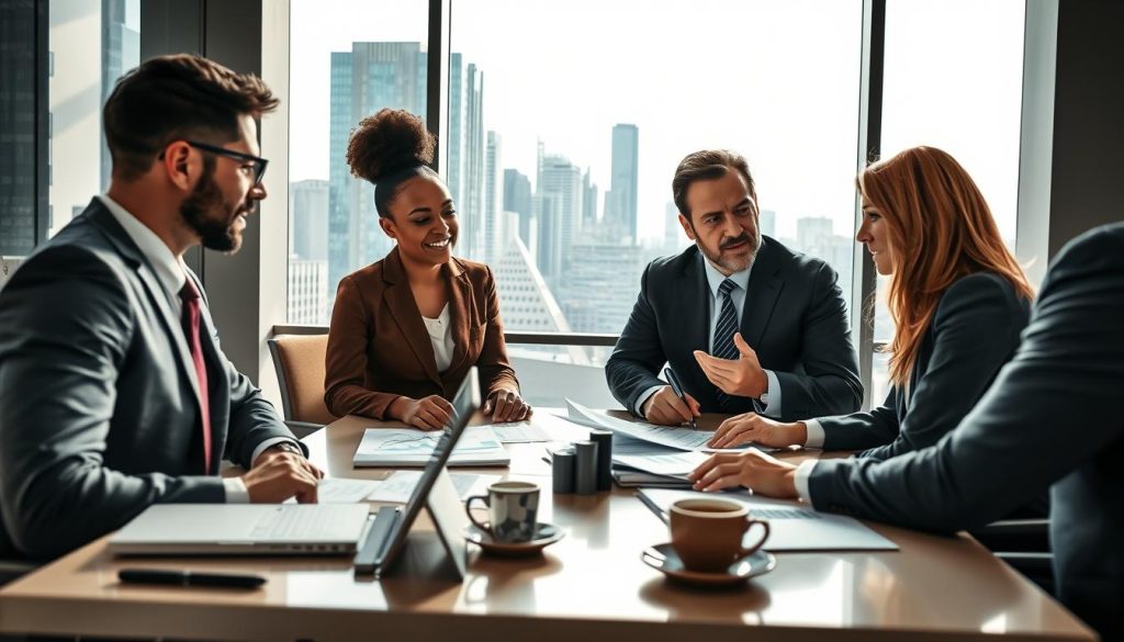 A dynamic business scene illustrating the challenges of "portage salarial" in a modern office setting. In the foreground, a diverse group of three professionals, dressed in smart business attire, gather around a conference table, deep in discussion. Their expressions reflect determination and focus as they analyze charts and graphs. The middle ground features a sleek workspace with laptops, paperwork, and coffee cups, symbolizing productivity. In the background, large windows reveal a bustling cityscape, emphasizing the fast-paced environment of independent work. The lighting is bright and inviting, casting soft shadows, while the overall atmosphere conveys a sense of collaboration and forward-thinking. The angle is slightly elevated, creating a sense of engagement in the professional dialogue.