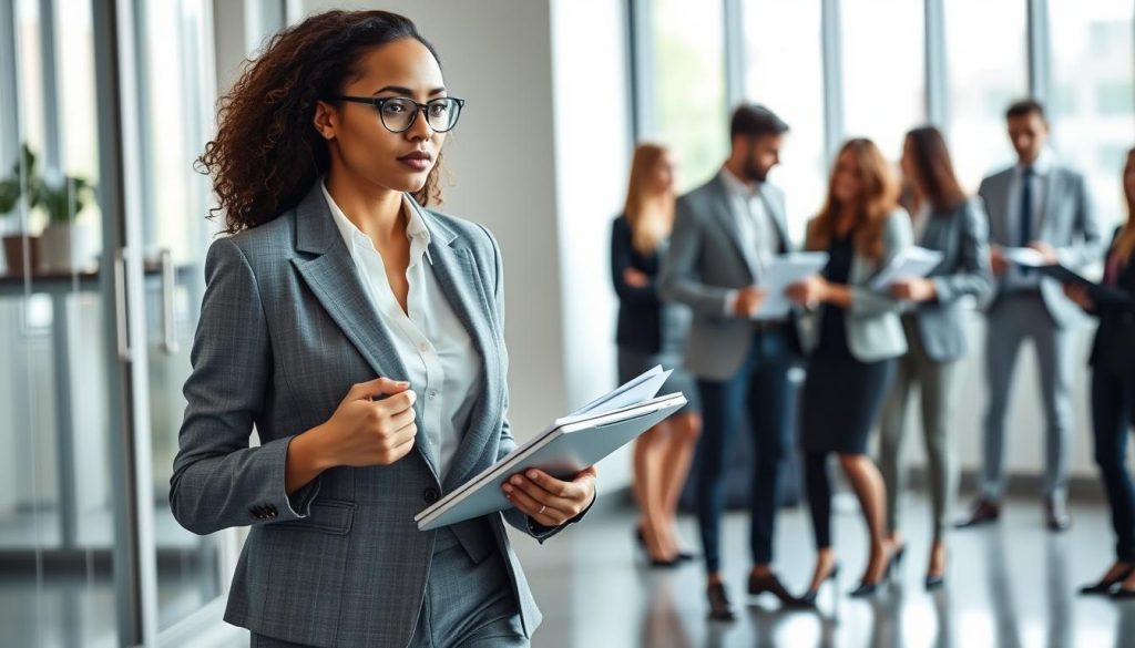 A dynamic business woman in a stylish gray suit, confidently striding through an office setting with a laptop, paper documents, and tablet in hand. Soft, directional lighting accentuates her determined expression. In the background, a diverse team of professionals collaborates, representing the gender equality and inclusivity fostered by the Umalis Group's "portage salarial" model. The scene conveys a sense of progress, opportunity, and empowerment for women in the workplace.