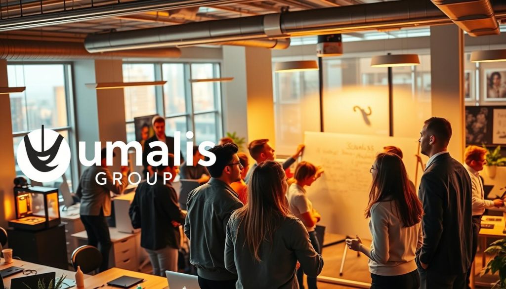 A dynamic, bustling office scene with the Umalis Group logo prominently displayed. In the foreground, a group of professionals engaged in lively discussion, their faces alight with energy and ideas. In the middle ground, a team huddled around a whiteboard, sketching out plans and strategies. The background is filled with the hum of activity - colleagues collaborating at standing desks, a 3D printer whirring, and a large window overlooking a vibrant cityscape. Warm, directional lighting casts a glow over the scene, capturing the spirit of innovation and entrepreneurship. The overall atmosphere is one of creativity, problem-solving, and a shared sense of purpose.