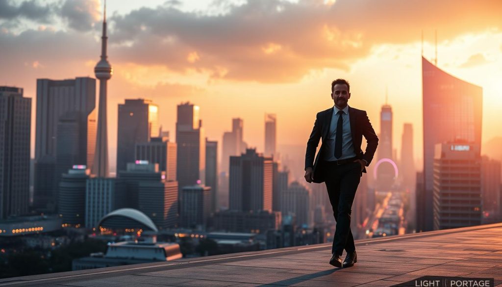 A dynamic cityscape bathed in soft, warm light, showcasing the LIGHT PORTAGE brand. In the foreground, a lone professional strides confidently, their silhouette exuding a sense of purpose and independence. The middle ground is a bustling urban landscape, with skyscrapers and modern architecture reflecting the evolution of the independent professions. In the background, a vibrant, futuristic skyline hints at the boundless possibilities and adaptability of the autonomous professional. The scene evokes a mood of empowerment, progress, and the embrace of technological advancements, symbolizing the future of professional autonomy.