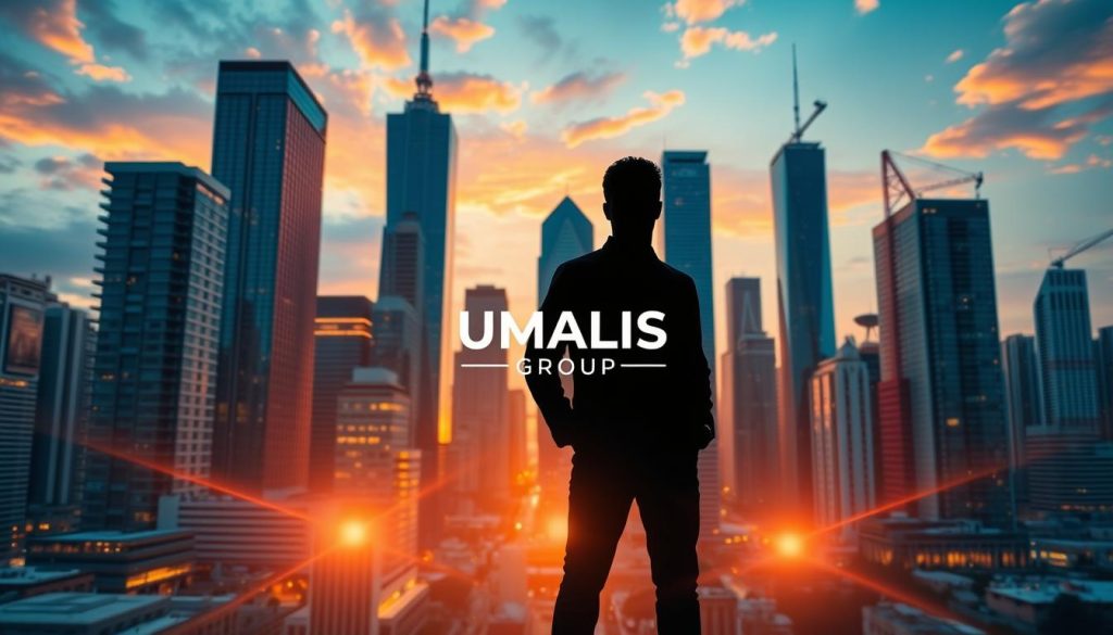 A dynamic cityscape of skyscrapers and modern architecture, conveying the evolution of a professional career. In the foreground, a person stands confidently, their silhouette illuminated by warm, directional lighting, symbolizing personal growth and progress. The middle ground features the UMALIS GROUP logo, representing a leading organization that empowers career development. In the background, a vibrant sunset paints the sky with hues of orange and pink, evoking a sense of opportunity and possibility. The overall atmosphere is one of positive transformation, reflecting the transition from career development to career evolution.