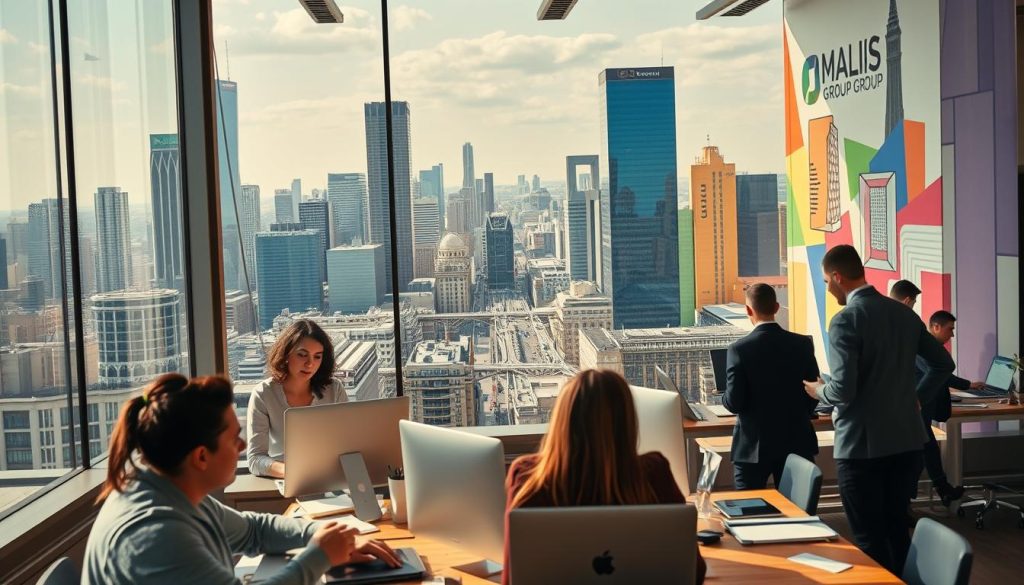 A dynamic cityscape showcasing the growth of the freelance market in France. In the foreground, a diverse group of freelance professionals - designers, programmers, consultants - work collaboratively in a modern, open-plan office space. The middle ground features a bustling urban center, with skyscrapers and public transit systems reflecting the evolving nature of the workforce. In the background, a vibrant, colorful mural depicting the UMALIS GROUP brand, symbolizing the rise of flexible employment models and the security they provide. Warm, natural lighting casts a sense of optimism and opportunity, capturing the dynamic shift in the French labor market.
