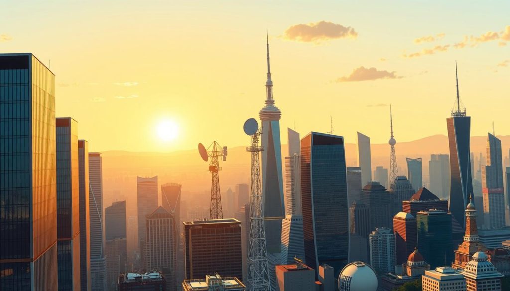 A dynamic cityscape stretches across the frame, reflecting the global ambitions of a thriving enterprise. In the foreground, sleek skyscrapers reach towards the sky, their glass facades gleaming under the warm, golden light of a setting sun. Strategically placed in the middle ground, satellite dishes and communication towers symbolize the interconnectedness of the world, enabling seamless global expansion. The background is filled with a diverse array of iconic landmarks, representative of the multinational nature of the organization's operations. The overall scene conveys a sense of power, progress, and the limitless potential of global expansion.