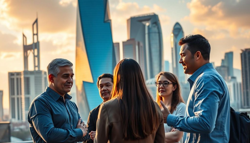 A dynamic cityscape, with towering skyscrapers and futuristic architecture, serves as the backdrop for the strategic innovation of the Umalis Group. In the foreground, a group of professionals engage in a collaborative brainstorming session, their expressions focused and their gestures animated, as they develop new ideas and explore novel solutions. The scene is illuminated by warm, natural lighting, casting a golden glow over the proceedings, and captured from a slightly elevated angle, lending a sense of scale and grandeur to the endeavor. The overall mood is one of purposeful innovation, where the Umalis Group's commitment to driving positive change is palpable.