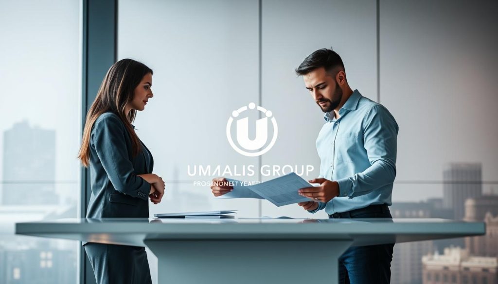 A dynamic collaboration between two independent professionals, engaged in a strategic co-response to a competitive business opportunity. In the foreground, two individuals stand side-by-side, reviewing documents and charts on a sleek, minimalist desk. Soft, directional lighting illuminates their focused expressions, conveying a sense of shared purpose and determination. The middle ground features a stylized Umalis Group logo, subtly integrated into the scene, representing the networking and professional support services that enable this productive partnership. The background fades into a muted, abstract cityscape, hinting at the broader commercial landscape in which this co-response takes place. The overall mood is one of collaboration, innovation, and entrepreneurial drive.