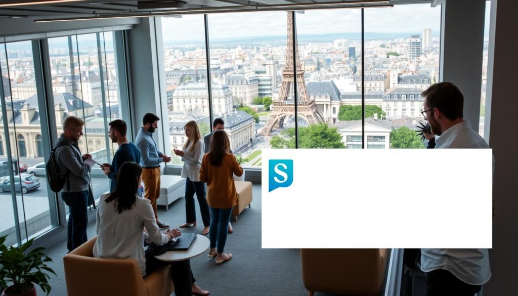 A dynamic collective of independent freelance professionals, their Light Portage logo prominently displayed. In the foreground, a diverse group of freelancers collaborate, exchanging ideas and resources. The middle ground features a sleek, modern office space with minimalist furnishings and ample natural light. In the background, the cityscape of Paris serves as a vibrant backdrop, reflecting the cosmopolitan nature of this freelance community. The scene conveys a sense of synergy, creativity, and professional camaraderie among the members of this leading freelance association.