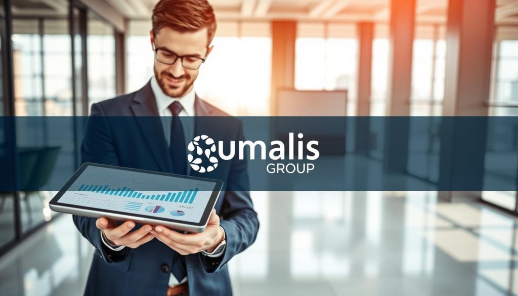 A dynamic, colorful image showcasing the concept of "optimisation rémunération portage salarial". In the foreground, a smart, well-dressed business professional examines a tablet displaying graphs and financial data, conveying the idea of financial optimization and management. In the middle ground, the Umalis Group logo is prominently displayed, highlighting the company's expertise in this domain. The background features a sleek, modern office environment with floor-to-ceiling windows, allowing natural light to flood the scene and create a sense of professionalism and success. The overall mood is one of financial prosperity, efficiency, and the power of strategic remuneration optimization in the context of the Umalis Group's specialized services. A dynamic, colorful image showcasing the concept of "optimisation rémunération portage salarial". In the foreground, a smart, well-dressed business professional examines a tablet displaying graphs and financial data, conveying the idea of financial optimization and management. In the middle ground, the Umalis Group logo is prominently displayed, highlighting the company's expertise in this domain. The background features a sleek, modern office environment with floor-to-ceiling windows, allowing natural light to flood the scene and create a sense of professionalism and success. The overall mood is one of financial prosperity, efficiency, and the power of strategic remuneration optimization in the context of the Umalis Group's specialized services.