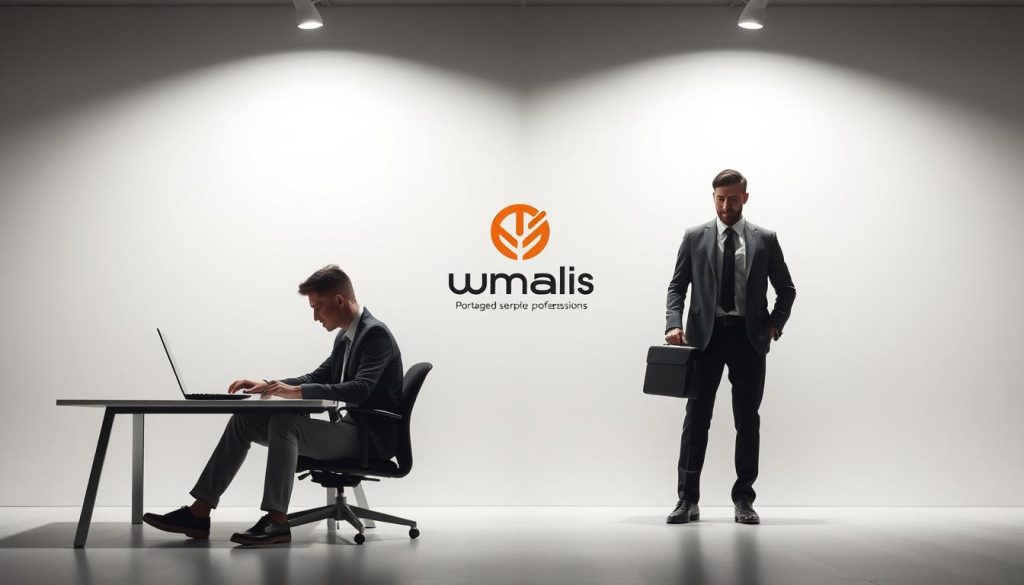 A dynamic comparison of a freelance professional and an employee on a payroll system, rendered in a clean, modern style. In the foreground, a freelance worker in a casual outfit sits at a desk, laptop open, contemplating their options. In the middle ground, a salaried employee in a suit and tie stands confidently, briefcase in hand. The background features the Umalis Group logo, symbolizing the portage salarial services that empower both freelance and employed professionals. Lighting is soft and diffused, creating a contemplative mood. The composition emphasizes the distinct paths and experiences of these two working models. A dynamic comparison of a freelance professional and an employee on a payroll system, rendered in a clean, modern style. In the foreground, a freelance worker in a casual outfit sits at a desk, laptop open, contemplating their options. In the middle ground, a salaried employee in a suit and tie stands confidently, briefcase in hand. The background features the Umalis Group logo, symbolizing the portage salarial services that empower both freelance and employed professionals. Lighting is soft and diffused, creating a contemplative mood. The composition emphasizes the distinct paths and experiences of these two working models.