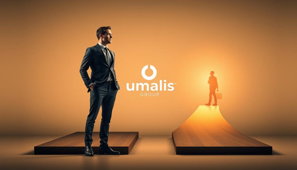 A dynamic comparison of salaried portage and the classic freelance status, showcased in a sophisticated, visually striking image. A professional businessman in a tailored suit stands between two distinct paths, one leading to the Umalis Group logo, symbolizing the security and structure of salaried portage, while the other path represents the freedom and independence of the freelance lifestyle. Soft, warm lighting illuminates the scene, creating a sense of contemplation and decision-making. The background blends seamlessly, allowing the central figures and paths to take center stage, guiding the viewer's attention to the core subject matter.