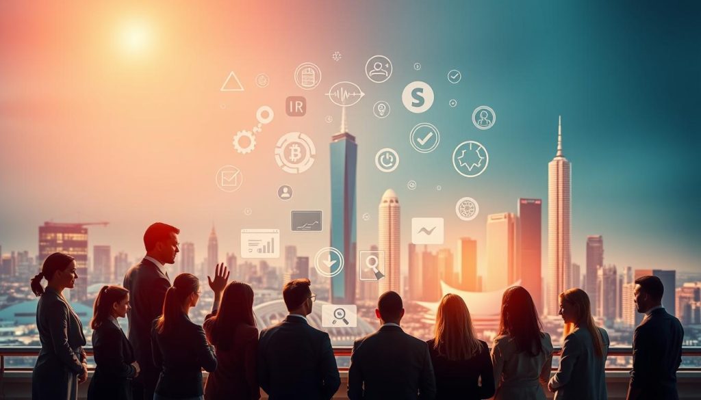 A dynamic composition showcasing the complementary professional skills of the Umalis Group. In the foreground, a skilled team collaborating effectively, their diverse talents and expertise on full display. In the middle ground, abstract shapes and icons representing diverse business functions - finance, marketing, HR, and more - all seamlessly integrated. In the background, a sleek, modern cityscape symbolizing the Umalis Group's cutting-edge, forward-thinking approach. Warm, vibrant lighting illuminates the scene, conveying a sense of synergy, efficiency, and the company's commitment to excellence.