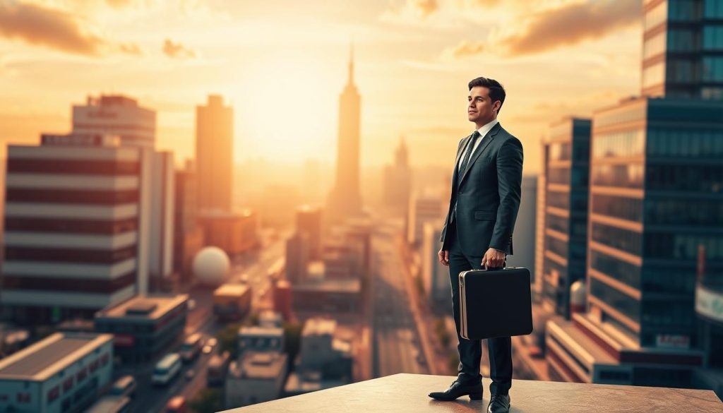 A dynamic composition showcasing the entrepreneurial freedom and flexibility of the UMALIS GROUP's freelance employment model. In the foreground, a confident, well-dressed professional stands tall, briefcase in hand, symbolizing the empowerment and independence of a salaried employee. The middle ground features a bustling urban landscape, conveying the vibrant, fast-paced nature of the modern business world. In the background, a warm, golden-hued sky casts a soft, inspiring glow, evoking a sense of limitless potential and opportunity. Crisp, high-contrast lighting and a slightly elevated, three-quarter angle perspective lend a sense of drama and momentum to the scene. The overall mood is one of optimism, ambition, and the liberating power of entrepreneurial portage salarial.