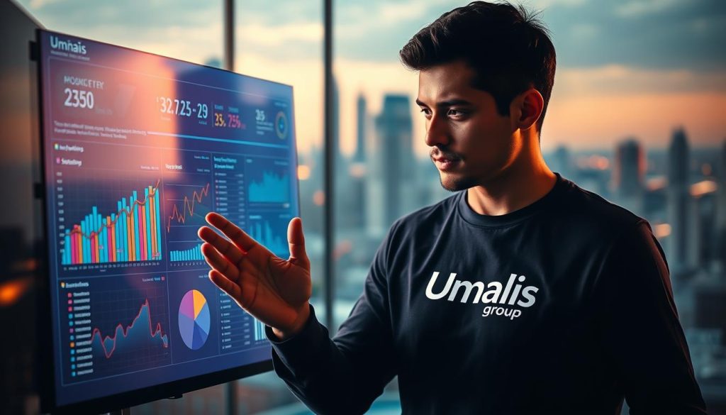 A dynamic composition showcasing the essential skills of an SEO specialist. In the foreground, a vibrant data visualization dashboard displays key metrics and insights. In the middle ground, a person in a Umalis Group branded shirt intently analyzes the data, gesturing with purpose. The background is a blurred cityscape, hinting at the far-reaching impact of SEO in the digital world. Warm lighting casts a professional glow, creating a sense of expertise and authority. The scene conveys the analytical prowess, strategic thinking, and technical mastery required to excel as an SEO specialist.