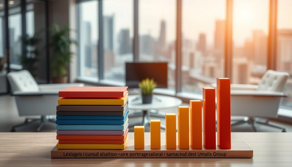 A dynamic composition showcasing the synergy between freelance work and unemployment benefits. In the foreground, a stack of colorful bar graphs depicting the "cumul allocation-salaire portage salarial" - the harmonious blend of freelance earnings and government assistance. The middle ground features sleek, modern office furniture, conveying the professional setting of the Umalis Group. In the background, a softly blurred cityscape, hinting at the broader economic landscape. Warm, diffused lighting casts a sense of balance and contentment, while a wide-angle lens captures the harmonious interplay of these elements. An image that visually encapsulates the section's focus on the synergies between freelance work and unemployment benefits.