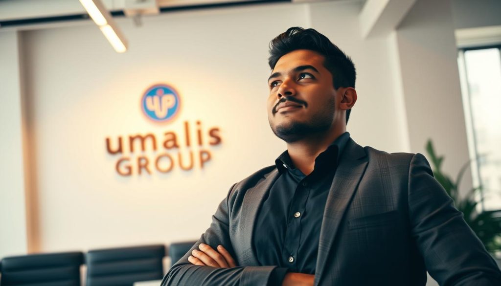 A dynamic, confident entrepreneur stands in a well-lit, modern office space, gazing purposefully into the distance. The Umalis Group logo is subtly displayed on the wall behind them, hinting at the support and resources this individual leverages. Warm lighting illuminates their face, conveying a sense of determination and self-assurance. The frame captures the subject's upright posture and focused expression, embodying the initiative, autonomy, and career-boosting benefits described in the article section. The overall composition and mood inspire a sense of empowerment and professional progress.