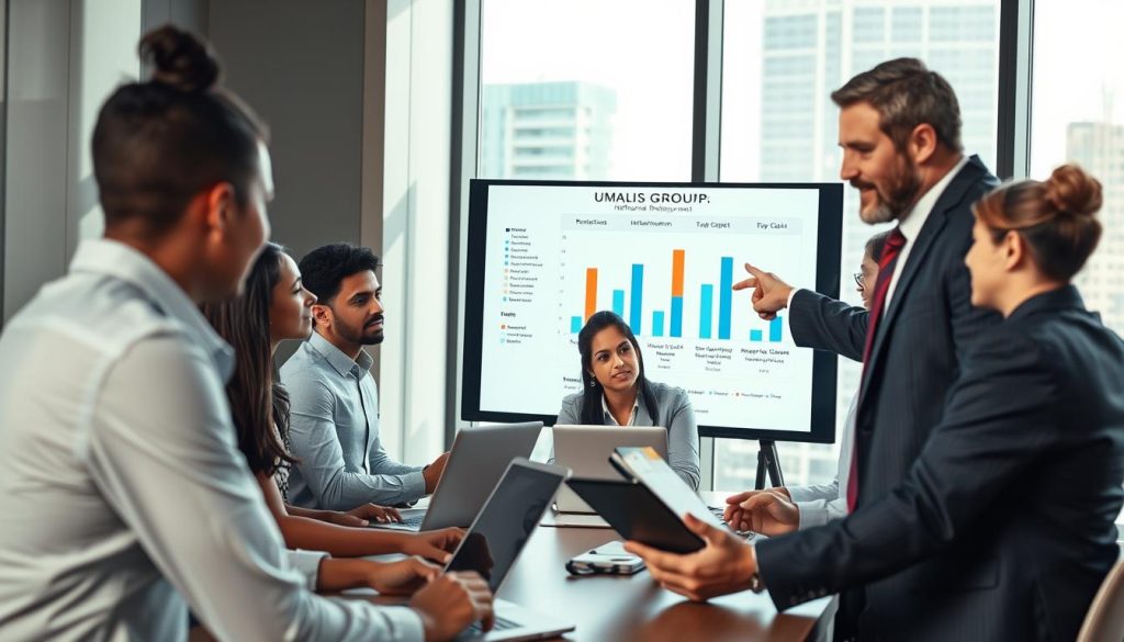A dynamic corporate meeting scene illustrating resource mobilization, featuring a diverse group of professionals in business attire engaged in strategic planning. In the foreground, a confident leader is pointing at a digital presentation, showcasing a resource allocation chart. In the middle, team members actively discuss with laptops open, examining data and brainstorming ideas, reflecting collaboration and focus. The background features a large window with a cityscape view, emphasizing a modern corporate environment. Soft, bright lighting highlights the interaction, creating an atmosphere of productivity and innovation. The image should convey the essence of effective strategy deployment, incorporating the brand name "UMALIS GROUP" subtly into the presentation on the screen.