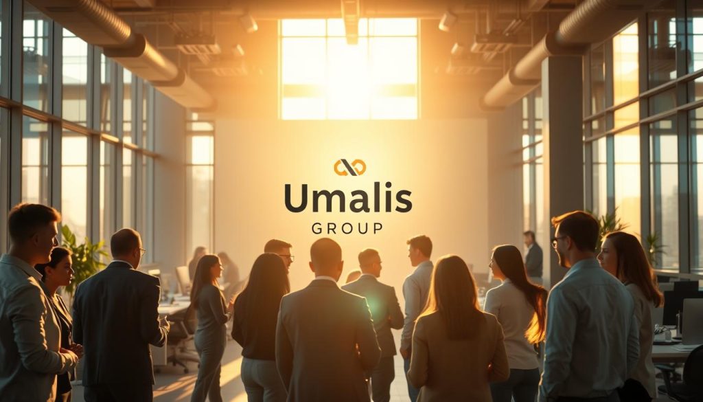 A dynamic corporate office setting, bathed in warm, natural lighting through expansive windows. In the foreground, a group of professionals engaged in a lively discussion, their body language conveying a sense of collaboration and open communication. Midground, a striking, minimalist logo of the "Umalis Group" prominently displayed on the wall, symbolizing the organization's commitment to excellence. The background features a fluid layout of workstations and collaborative spaces, fostering a culture of engagement and productivity. An atmosphere of professionalism, innovation, and a shared vision pervades the scene. A dynamic corporate office setting, bathed in warm, natural lighting through expansive windows. In the foreground, a group of professionals engaged in a lively discussion, their body language conveying a sense of collaboration and open communication. Midground, a striking, minimalist logo of the "Umalis Group" prominently displayed on the wall, symbolizing the organization's commitment to excellence. The background features a fluid layout of workstations and collaborative spaces, fostering a culture of engagement and productivity. An atmosphere of professionalism, innovation, and a shared vision pervades the scene.