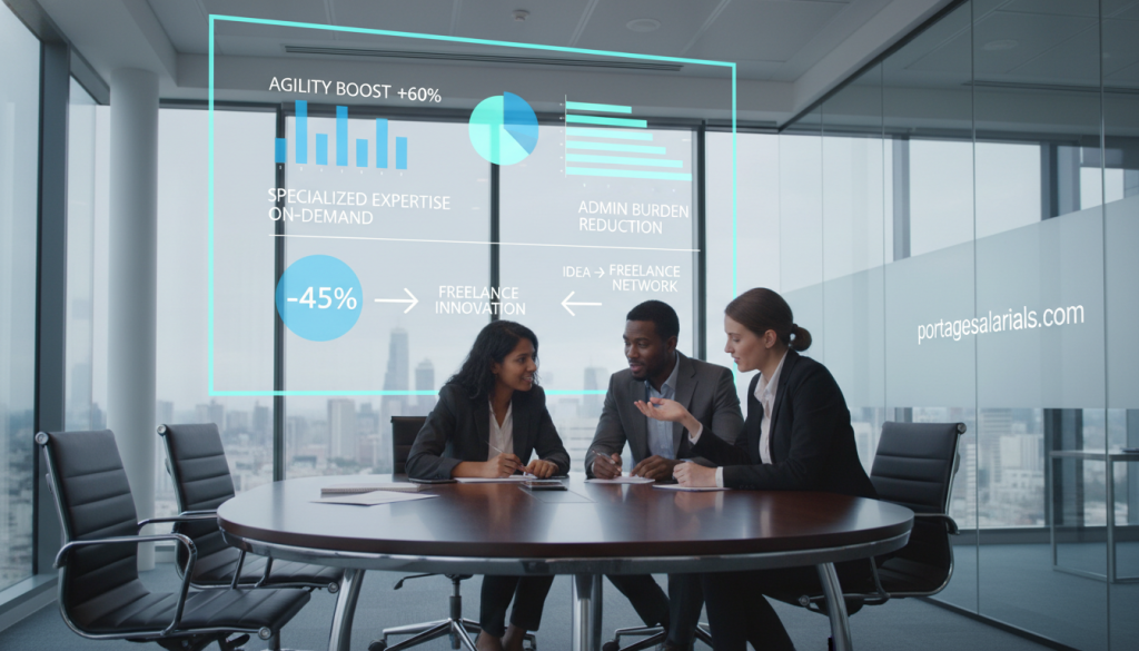 A dynamic corporate scene showcasing the advantages for a company in freelance arrangements. In the foreground, a diverse group of three professionals in smart business attire collaborates around a sleek conference table, their expressions focused and engaged. The middle ground features a large digital screen displaying graphs and statistics related to agility, expertise, and reduced administrative burdens. The background reveals a modern office space with glass walls, bright natural light streaming in, creating an open and inviting atmosphere. The lens captures a slight angle to emphasize teamwork, with soft shadows enhancing depth. The overall mood is one of innovation and productivity, visually representing the concept of efficiency and flexibility in business partnerships. Promote the web address "portagesalarials.com" subtly integrated into the office decor. A dynamic corporate scene showcasing the advantages for a company in freelance arrangements. In the foreground, a diverse group of three professionals in smart business attire collaborates around a sleek conference table, their expressions focused and engaged. The middle ground features a large digital screen displaying graphs and statistics related to agility, expertise, and reduced administrative burdens. The background reveals a modern office space with glass walls, bright natural light streaming in, creating an open and inviting atmosphere. The lens captures a slight angle to emphasize teamwork, with soft shadows enhancing depth. The overall mood is one of innovation and productivity, visually representing the concept of efficiency and flexibility in business partnerships. Promote the web address "portagesalarials.com" subtly integrated into the office decor.