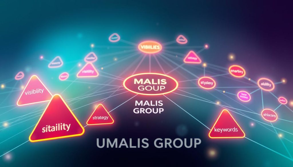 A dynamic digital illustration of an abstract "maillage" concept, showcasing interconnected words and phrases represented as colorful nodes and lines. In the foreground, visualize several triangular or circular nodes filled with keywords like "visibility," "strategy," and "keywords," glowing softly. The middle ground features a web-like structure of interconnected lines that illustrate the organization of ideas, leading to a vivid central hub labeled "UMALIS GROUP" with radiant lighting. The background should be a subtle gradient of blues and greens, evoking a sense of clarity and professionalism. Use soft, diffused lighting to enhance the interconnectedness and flow of the design, creating a mood that feels innovative and strategic, ideal for a professional audience.