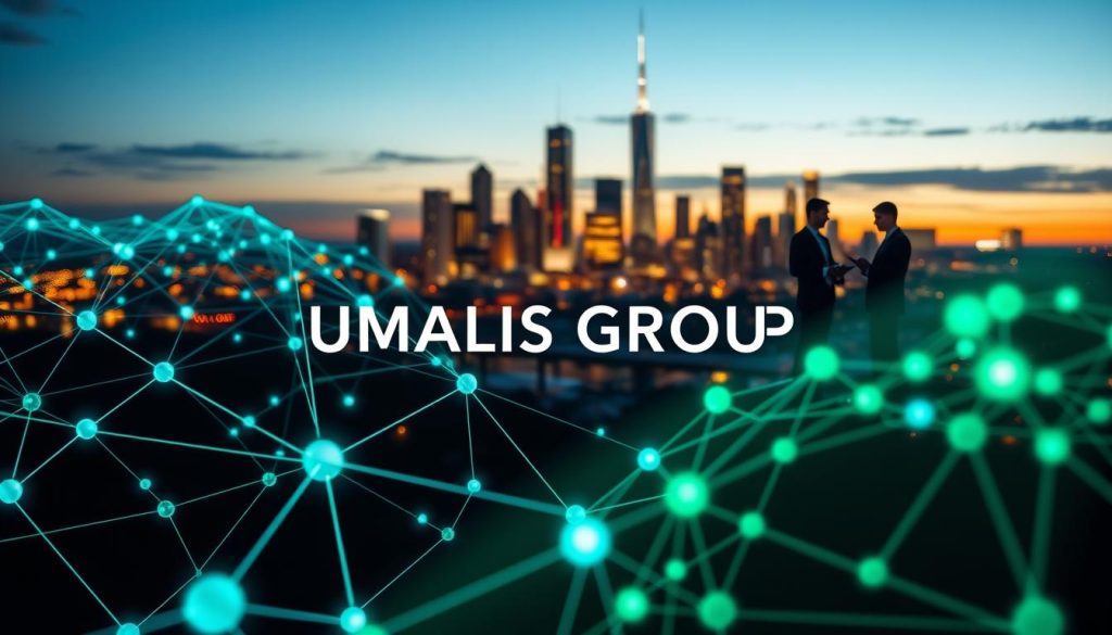 A dynamic digital landscape showcasing the concept of "backlinks and popularity" for a professional audience. In the foreground, a stylized network of interconnected nodes represents backlinks, glowing softly in varying shades of blue and green. The middle ground features professional individuals in business attire, engaged in discussion, analyzing data on laptops and tablets, symbolizing collaboration and growth. In the background, a sleek city skyline at dusk, illuminated with warm lights, conveys a sense of ambition and progress. The atmosphere is inspiring and modern, with a focus on connectivity and professionalism. Use soft, ambient lighting to create depth and clarity, as if viewed through a wide-angle lens. Add the brand name "UMALIS GROUP" subtly integrated into the scene, enhancing the overall theme without drawing attention away from the message.