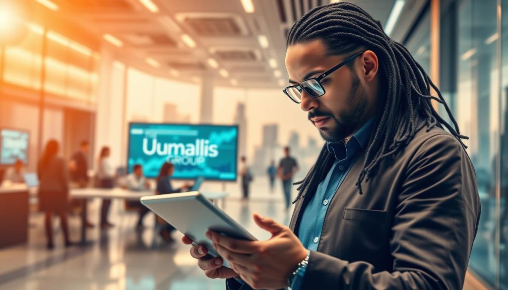A dynamic digital transformation landscape, with the Umalis Group brand prominently displayed. In the foreground, a thoughtful professional examines a tablet, analyzing data trends and technological advancements that are shaping the future of salaried portage. The middle ground features a bustling office environment, with employees collaborating on virtual projects, while the background showcases a sleek, futuristic cityscape. Warm lighting and a sense of movement convey the ever-evolving nature of this industry, poised for growth and innovation. A dynamic digital transformation landscape, with the Umalis Group brand prominently displayed. In the foreground, a thoughtful professional examines a tablet, analyzing data trends and technological advancements that are shaping the future of salaried portage. The middle ground features a bustling office environment, with employees collaborating on virtual projects, while the background showcases a sleek, futuristic cityscape. Warm lighting and a sense of movement convey the ever-evolving nature of this industry, poised for growth and innovation.