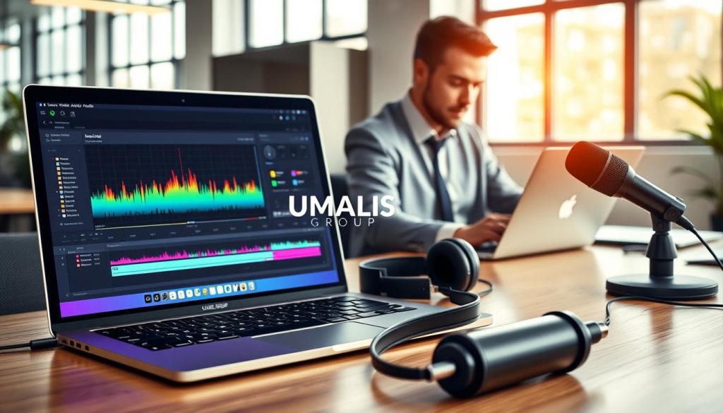 A dynamic digital workspace showcasing "contenu vidéo audio". In the foreground, a sleek laptop with vibrant video editing software open, displaying a colorful waveform for audio. Beside it, professional headphones and a microphone sit on a polished wooden desk. In the middle, an engaged person in smart casual clothing reviews content on the laptop, capturing the essence of video and audio marketing. The background features a modern office environment with soft, natural light filtering through large windows, reflecting a sense of creativity and professionalism. A branding element subtly displays "UMALIS GROUP" on the laptop's screen. The overall mood is inspiring and focused, emphasizing innovation in digital marketing strategies. A dynamic digital workspace showcasing "contenu vidéo audio". In the foreground, a sleek laptop with vibrant video editing software open, displaying a colorful waveform for audio. Beside it, professional headphones and a microphone sit on a polished wooden desk. In the middle, an engaged person in smart casual clothing reviews content on the laptop, capturing the essence of video and audio marketing. The background features a modern office environment with soft, natural light filtering through large windows, reflecting a sense of creativity and professionalism. A branding element subtly displays "UMALIS GROUP" on the laptop's screen. The overall mood is inspiring and focused, emphasizing innovation in digital marketing strategies.