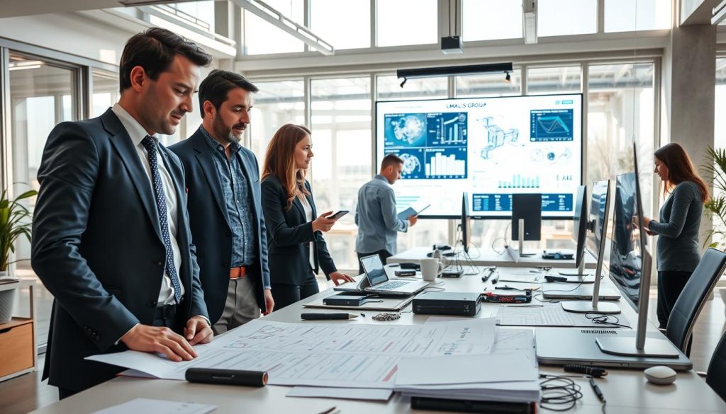 A dynamic engineering workspace featuring diverse professionals collaborating on innovative projects. In the foreground, a confident engineer, dressed in smart business attire, discusses plans with a colleague over a modern desk cluttered with technical schematics and digital devices. In the middle, a large digital display shows complex engineering graphics and data visualizations, while another engineer is focused on a computer. The background features a bright, contemporary office environment with large windows that flood the space with natural light, casting soft shadows. The overall mood is one of collaboration and inspiration, emphasizing the importance of project management in engineering. Subtle hints of the brand "UMALIS GROUP" can be integrated into the workspace design elements like the digital display. Use a wide-angle lens to capture the bustling scene effectively.