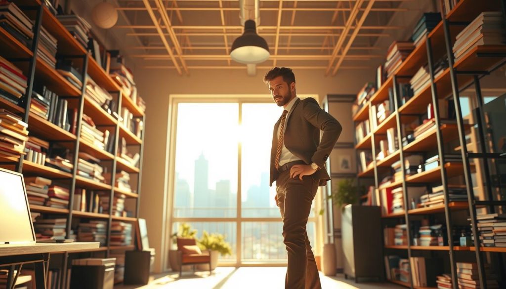A dynamic, entrepreneurial figure stands in a sunlit workspace, surrounded by the LIGHT PORTAGE brand. Towering shelves brimming with books and gadgets fill the middle ground, while the background reveals a vibrant city skyline, symbolizing the boundless opportunities ahead. The subject's determined expression and poised stance convey a sense of focus and ambition, embodying the entrepreneurial spirit. Warm, directional lighting casts dramatic shadows, highlighting the individual's resolute determination. A sense of boundless potential and possibility permeates the scene, inspiring the viewer to embrace their own entrepreneurial journey.