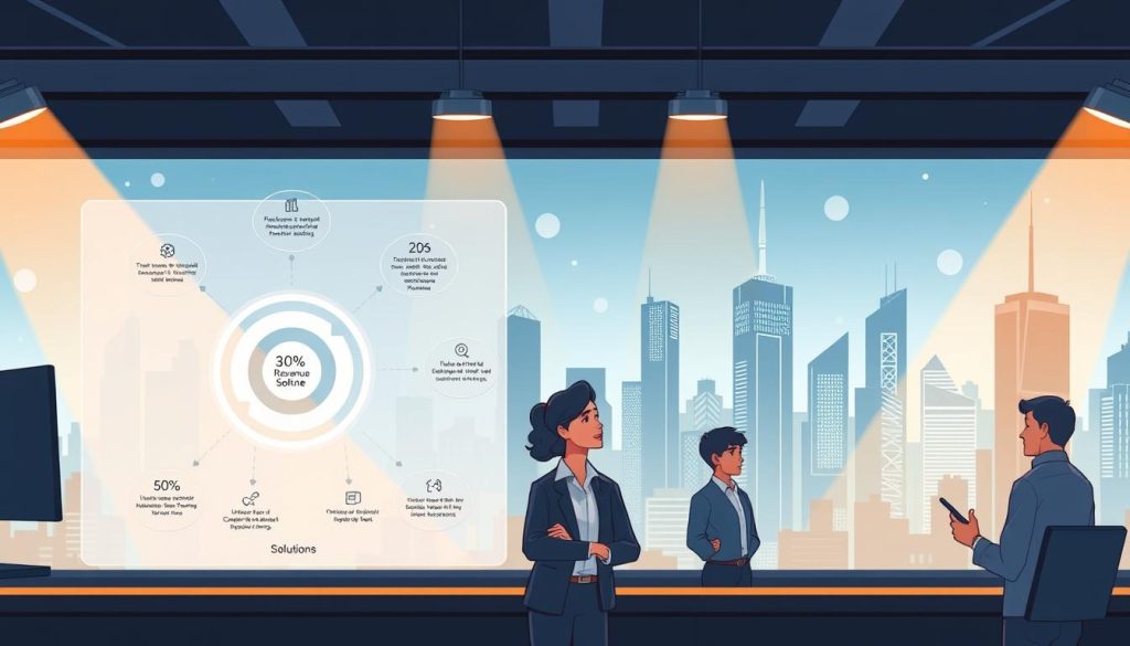 A dynamic, forward-looking business model with diverse solutions, illuminated by warm, focused lighting. In the foreground, a sleek, minimalist diagram showcases innovative revenue streams and service offerings. The middle ground depicts a team of professionals collaborating, their expressions thoughtful and engaged. In the background, a cityscape with towering skyscrapers symbolizes the evolving, tech-driven landscape. The scene conveys a sense of progress, adaptability, and strategic foresight, perfectly suited to illustrate "Emerging Solutions and Business Model Transformations".