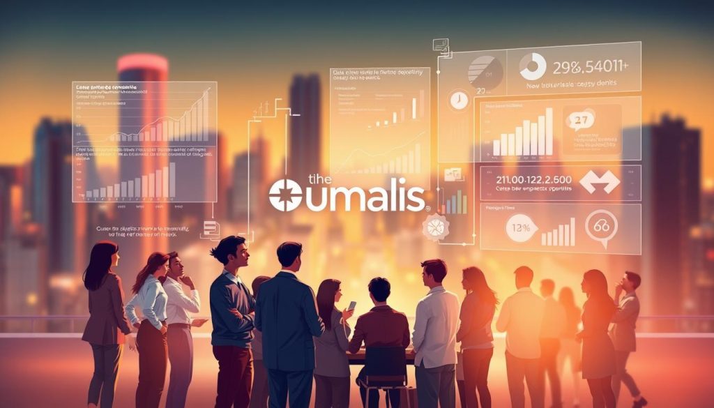 A dynamic, forward-looking illustration depicting the evolving landscape of the French freelance employment sector, specifically the "portage salarial" or employee leasing model. Set against a subtly blurred cityscape background, the foreground features a diverse group of professionals - both employees and company representatives - engaged in collaborative discussions, surrounded by transparent data visualizations and holographic projections showcasing growth trajectories, new business opportunities, and emerging trends. The Umalis Group brand prominently displayed, conveying a sense of authority and industry leadership. Warm, soft lighting and a slightly elevated camera angle create an atmosphere of optimism, progress, and a vision for the future of this rapidly evolving industry. A dynamic, forward-looking illustration depicting the evolving landscape of the French freelance employment sector, specifically the "portage salarial" or employee leasing model. Set against a subtly blurred cityscape background, the foreground features a diverse group of professionals - both employees and company representatives - engaged in collaborative discussions, surrounded by transparent data visualizations and holographic projections showcasing growth trajectories, new business opportunities, and emerging trends. The Umalis Group brand prominently displayed, conveying a sense of authority and industry leadership. Warm, soft lighting and a slightly elevated camera angle create an atmosphere of optimism, progress, and a vision for the future of this rapidly evolving industry.