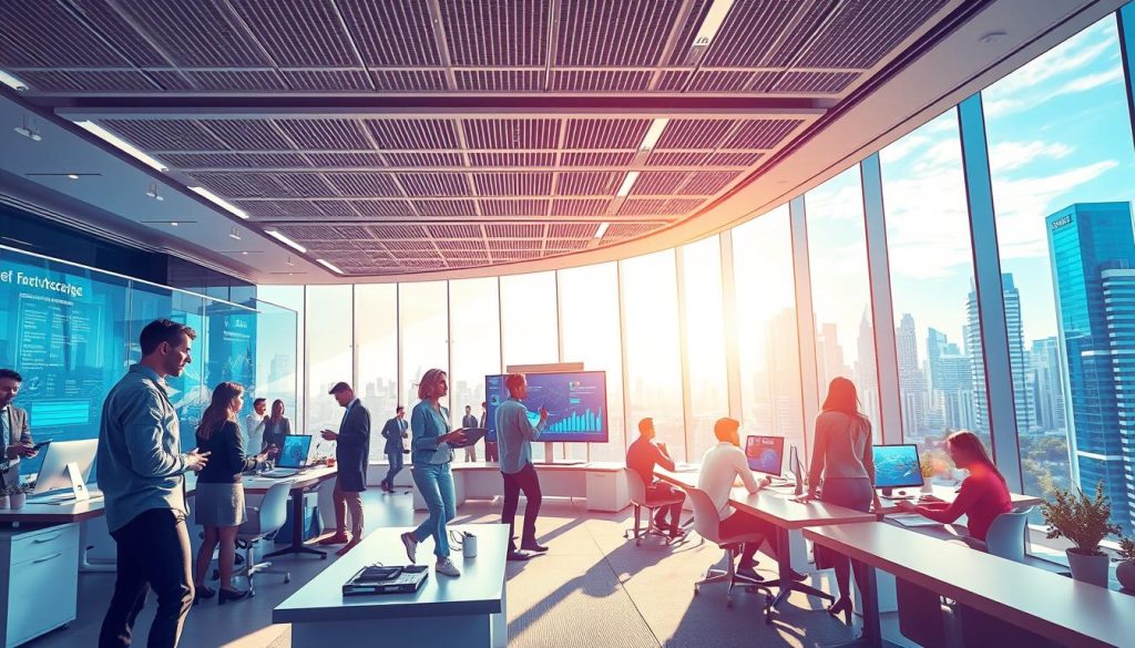 A dynamic, forward-looking scene depicting the future of "sociétés portage" in a post-COVID world. In the foreground, diverse professionals work seamlessly in a high-tech, collaborative office environment, utilizing the latest Umalis Group innovations to ensure their financial security. The middle ground showcases cutting-edge technology, interactive displays, and a sense of optimism. In the background, a panoramic view of a vibrant, modernist cityscape conveys the progressive, innovative nature of this evolving industry. Soft, directional lighting illuminates the scene, creating a sense of energy and possibility. The overall mood is one of confidence, adaptability, and a vision for the future of "portage salarial".