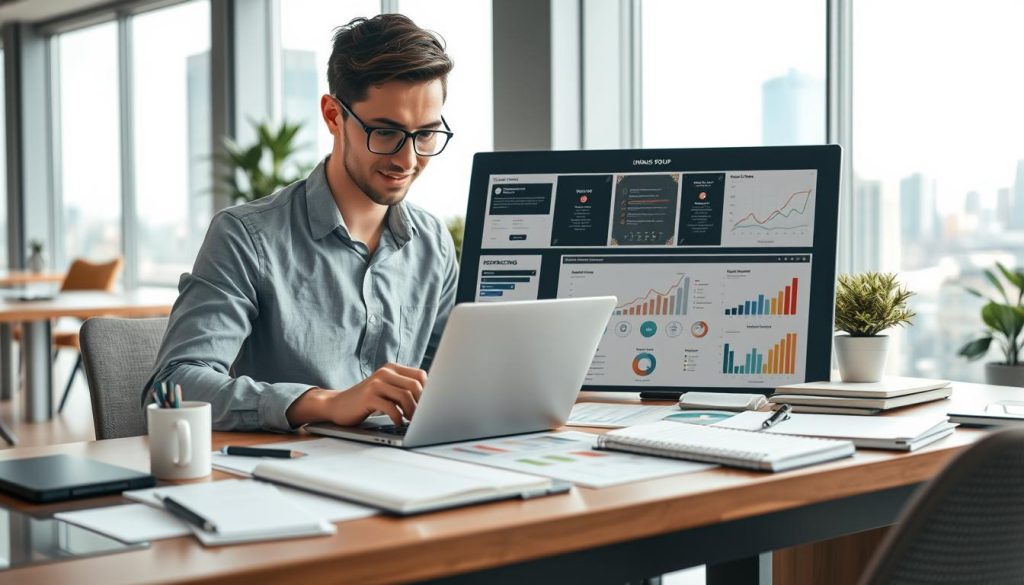 A dynamic freelance professional working confidently at a modern, stylish desk setup, surrounded by high-tech devices, notebooks, and design materials. The foreground features the individual—dressed in smart casual attire—analyzing data on a laptop display, with a focused expression. In the middle, there's an array of project planning tools, including flowcharts and graphs illustrating skills and specializations, enhancing the theme of growth and expertise. The background shows a bright, airy office with large windows letting in natural light, showcasing a cityscape, symbolizing opportunities. The overall atmosphere is optimistic and professional, conveying a promising future for freelancing. The brand name "UMALIS GROUP" is subtly incorporated into the workspace decor. A dynamic freelance professional working confidently at a modern, stylish desk setup, surrounded by high-tech devices, notebooks, and design materials. The foreground features the individual—dressed in smart casual attire—analyzing data on a laptop display, with a focused expression. In the middle, there's an array of project planning tools, including flowcharts and graphs illustrating skills and specializations, enhancing the theme of growth and expertise. The background shows a bright, airy office with large windows letting in natural light, showcasing a cityscape, symbolizing opportunities. The overall atmosphere is optimistic and professional, conveying a promising future for freelancing. The brand name "UMALIS GROUP" is subtly incorporated into the workspace decor.