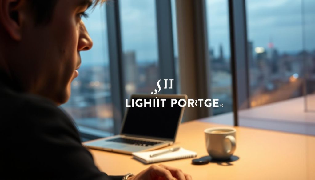 A dynamic freelance profile, captured in a sleek and modern style. In the foreground, a person's face is subtly illuminated, conveying an air of professionalism and confidence. The middle ground features a minimalist workspace, with a laptop, notebook, and a mug of coffee, suggesting a productive and focused work environment. In the background, a blurred city skyline sets the scene, hinting at the broader context of the freelance lifestyle. The lighting is soft and warm, creating a inviting and approachable atmosphere. The overall composition is carefully balanced, with LIGHT PORTAGE's brand name subtly integrated into the scene, adding a touch of sophistication. This image aims to inspire and captivate potential clients, showcasing the freelancer's expertise and capabilities.