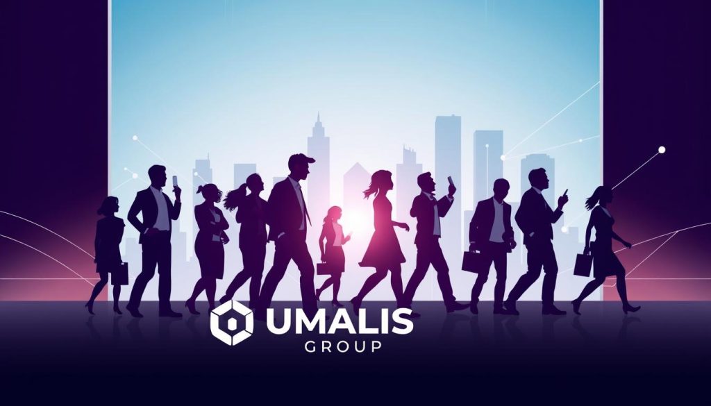 A dynamic, futuristic illustration depicting the evolution of independent statuses. Set against a sleek, minimalist backdrop, the scene showcases a diverse array of individuals representing the modern independent workforce - freelancers, consultants, entrepreneurs. The foreground features a prominent UMALIS GROUP logo, symbolizing the company's role in empowering this evolving landscape. The middle ground depicts silhouettes of people in various poses, conveying a sense of movement and progress. The background incorporates geometric shapes and lines, suggesting the technological advancements and digital tools that enable independent work. The overall composition radiates a sense of optimism, innovation, and the changing nature of modern employment.